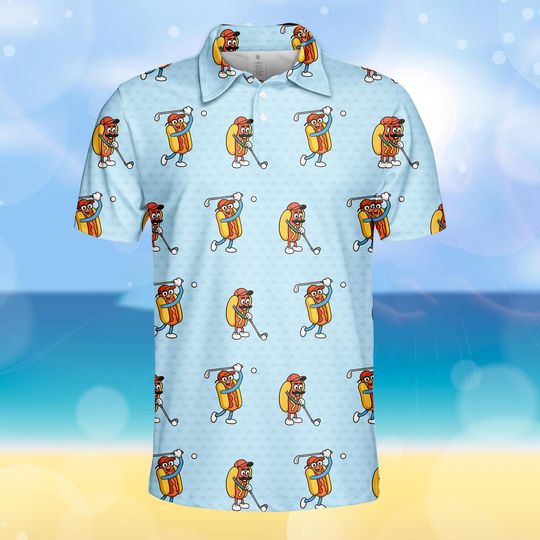 Funny Hot Dog Golf Polo Shirt for Men and Women, Light Blue Summer Golf Shirt