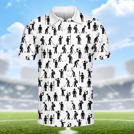 Discover Funny Stick Figure Golf Polo Shirt for Men Women, Golfer Faces Pattern Polo, Humorous Golf Short Sleeve Shirt, Summer Golf Outfit