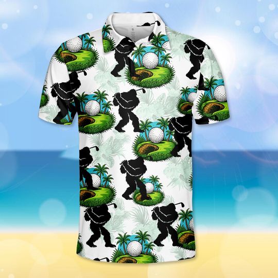 Funny Bigfoot Golf Polo Shirt for Men and Women, Tropical Sasquatch Golf Cart Polo