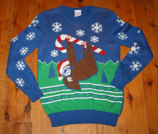 Discover Holiday Sweater UGLY CHRISTMAS SWEATER Blue SLOTH CANDY CANE Size Large NICE