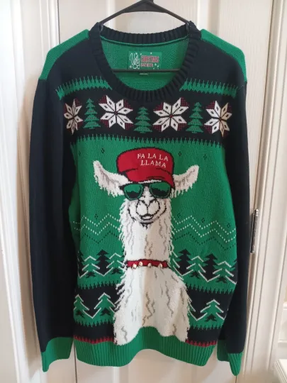 Ugly Christmas Sweater Furry Llama With Trucker Hat Jingle Bell Accent LARGE