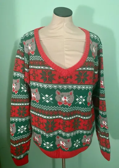 Dec 25th Christmas Gray Cat Holiday Ugly Sweater XXL Acrylic Festive