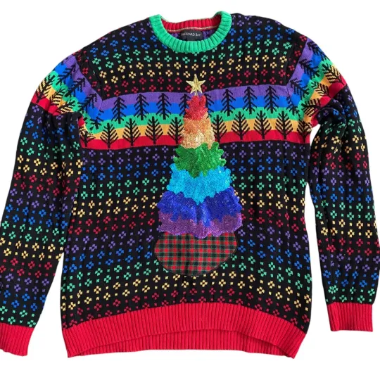 Discover Blizzard Bay Colorful Rainbow Christmas Tree Ugly Sweater M Cotton Sequins