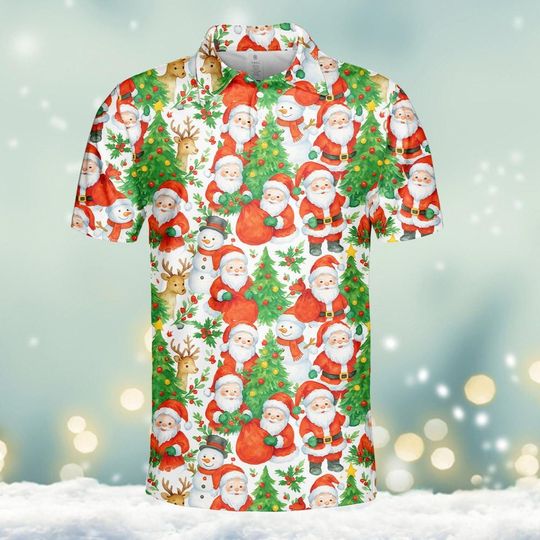 Christmas Santa Polo Shirt for Men and Women, Holiday Snowman Reindeer Tree Print Golf Polo