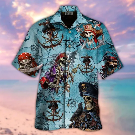 Discover Pirate Skull Hawaiian Shirts, Pirate Treasure Map Shirt Button Down Short Sleeve