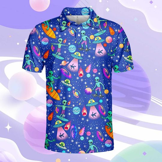 Discover Funny Alien Polo Shirt for Men and Women, Space UFO Golf Polo