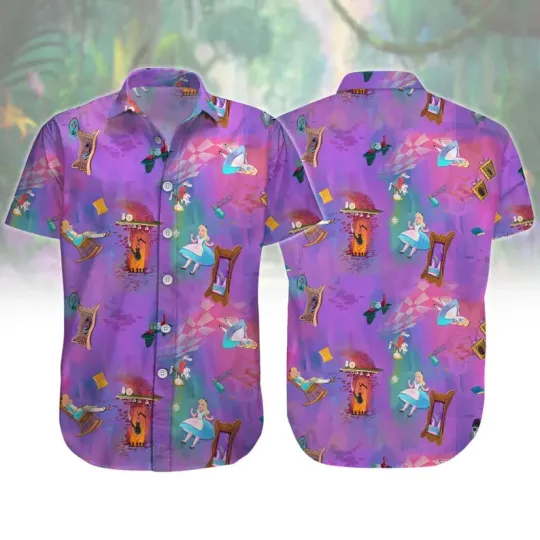 Discover Disney Alice In Wonderland Alice Cheshire White Rabbit Purple Hawaiian Shirt