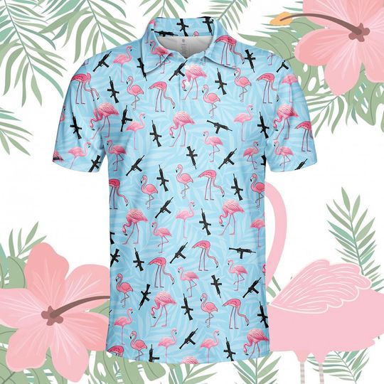 Discover Flamingo Polo Shirt for Men Women, Pink Flamingo & Gun Shirt Short Sleeve Button Up, Tropical Golf Shirt, Flamingo Print Summer Polo