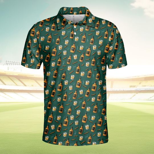 Discover Whiskey Cigar Polo Shirt for Men and Women, Funny Bourbon Whiskey Shirt Button Up, Summer Casual Drinking Shirt, Tropical Party Polo