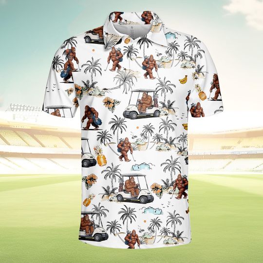 Bigfoot Golf Polo Shirt for Men and Women, Tropical Sasquatch Summer Golf Outfit