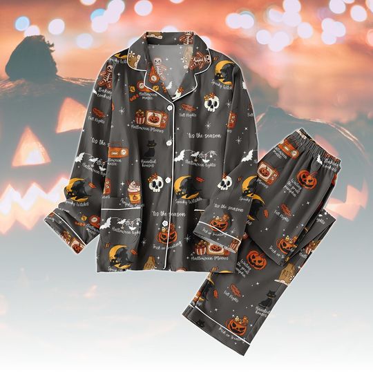 Tis The Season Cat Salem Pajamas Set, Spooky Halloween Cat PJs, Cute Cat Halloween Pajamas, Halloween Matching Pajamas