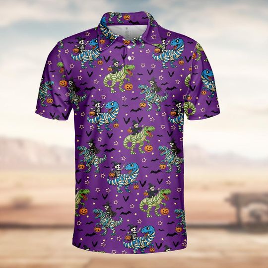Halloween Dinosaur Polo Shirt Men Women, Spooky Pumpkin Skeleton Dino Polo