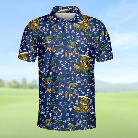 Discover Navy Raccoon Golf Polo Shirt for Men and Women, Funny Animal Golf Pattern