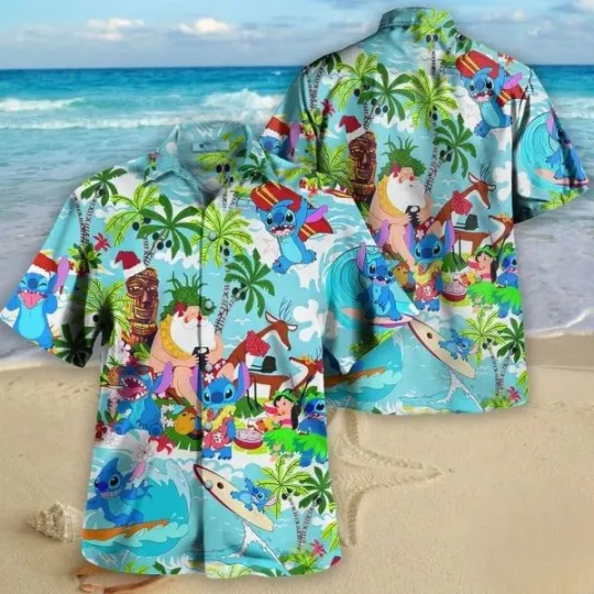 Discover Disney Stitch Santa On The Beach Blue Hawaiian Shirt