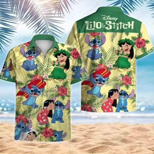 Disney Summer Beach Stitch And Lilo Disney Green Yellow Aloha Hawaiian Shirt