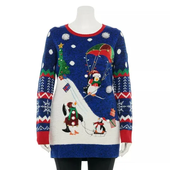 Discover Christmas Penguins Ski Slope Tunic 1X Embellished Holiday Winter US Sweaters New