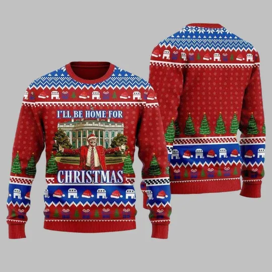 Discover Trump I’ll Be Home For Christmas Ugly Sweater, Happy Holiday Ugly Xmas Sweater