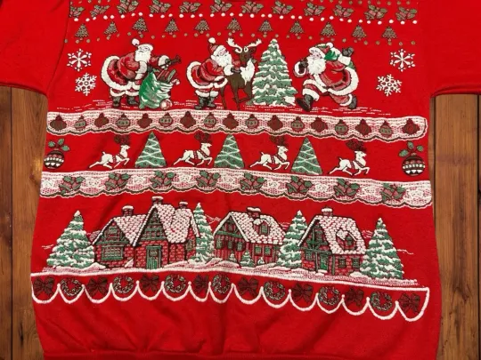 Discover VTG Santa Christmas Sweater Cozy Red Holiday Pullover | Ugly Sweater Party S/M