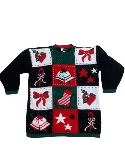Discover Vtg Granny Ugly Christmas Sweater Oversized Long Black Red Green Bows Bells XL