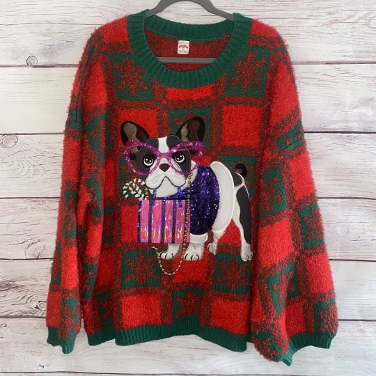 Holiday Time Women Boston Terrier Ugly Christmas Sweater Size 3X Red Green Plaid