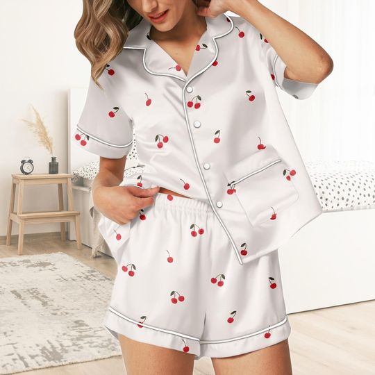 Discover Cherry Pajamas Set, Funny Cherry Pajamas Set Women, Fruit Bridal Party Pajamas Women, Summer Matching Pajamas Women
