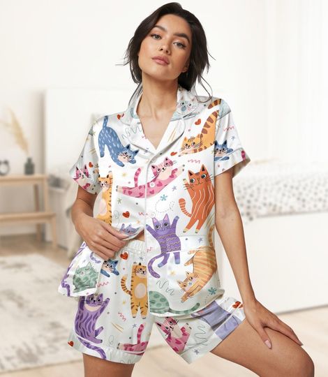 Discover Cute Cat Pajamas Set, Cartoon Kitty Pajamas For Her, Animal Nightwear Women Pajamas, Cozy Summer Pajamas Set