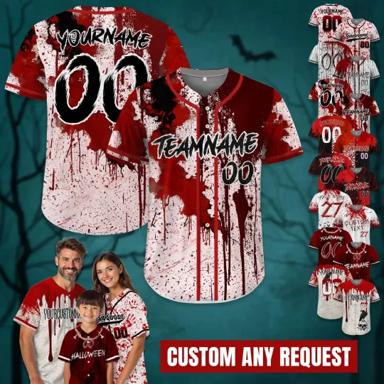 Discover Personalize Blood Splatter Halloween Baseball Jersey - Adults, Kids & Youth