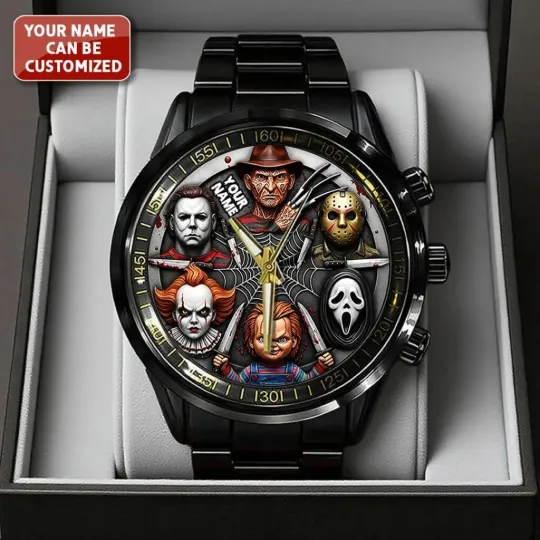 Discover Personalized Scary Halloween Horror Movies Black Stainless Steel Watch