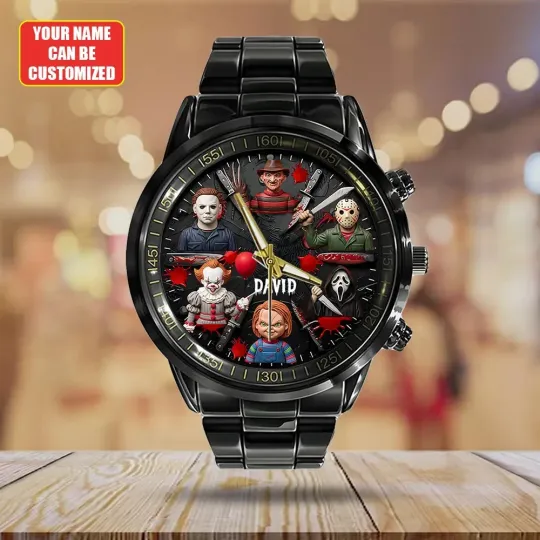 Discover Personalized Scary Halloween Horror Movies Black Stainless Steel Watch