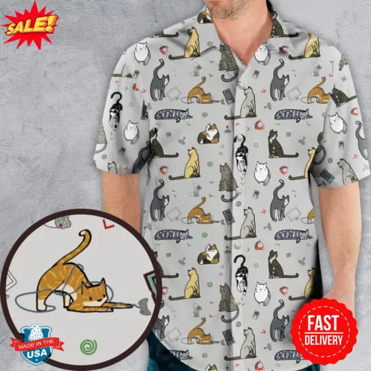 Discover Cat the Gamer Pattern Hawaiian Shirt