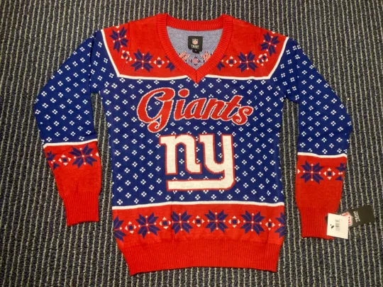 New York Giants Womens football V-Neck Ugly Xmas Christmas Sweater Blue White