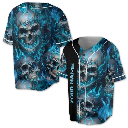 Discover Custom Halloween Skull on Fire Blue Baseball Jersey - Adults, Kids & Youth