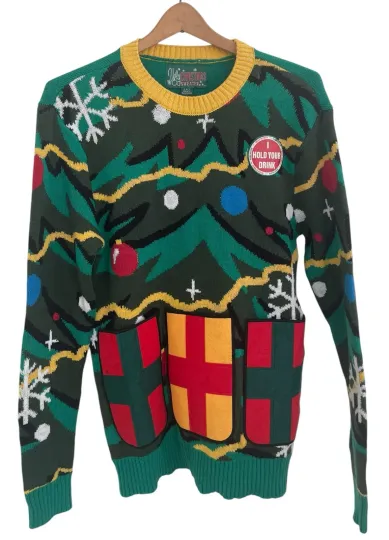 Ugly Christmas Sweater Presents Under the Tree W/ Drink Pocket Men’s Small