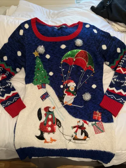 Discover Ugly Sweater Christmas Penguins Holiday Fun Women's Size L Long Length
