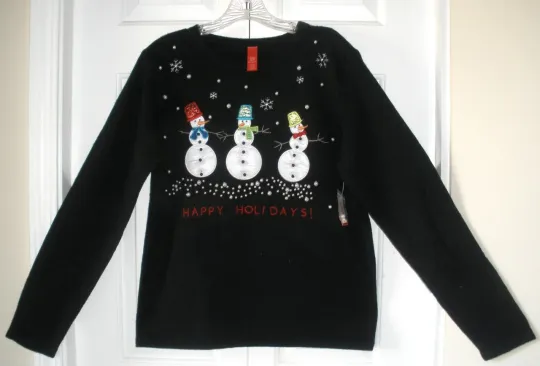 Discover Holiday Time Womens Black Beaded Snowman Ugly Christmas Sweater S-XXL 4-20