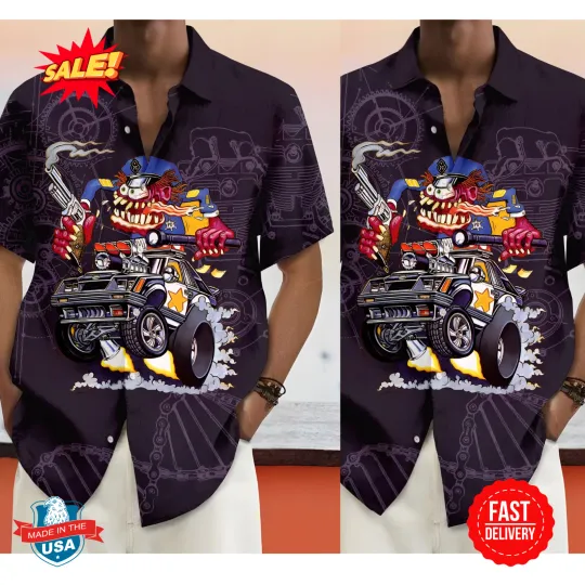 Discover Vintage Hawaiian Shirt - Crazy Cartoon Rat, Flames & Wheels
