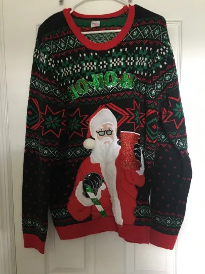 Holiday Time Ugly Christmas Sweater Womens Medium Santa Holding Mug Pocket