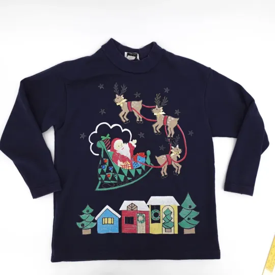 Discover Vintage Ugly Christmas Sweater Loft Womens Navy Shoulder Pads Santa Reindeer