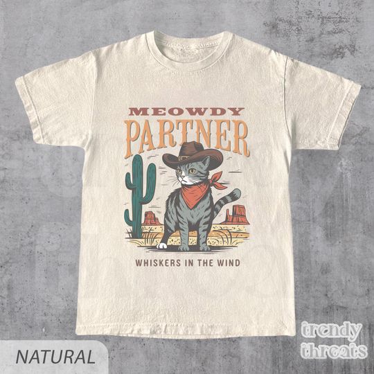 Discover Meowdy Partner Cat Shirt, Funny Cowboy Cat Western Tee, Whiskers in the Wind Shirt, Cute Country Cat T-Shirt, Retro Desert Animal Shirt