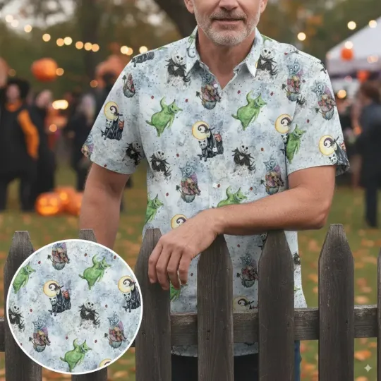 Discover Ghostly Cats And Chilling Vibes Button Down Shirt, Unisex Adult, Size S-5XL