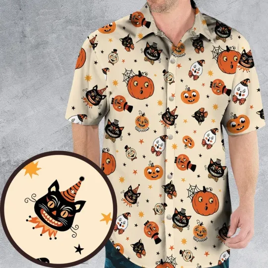 Discover Vintage Halloween Cat Pumpkin Moon Spooky Traditional Owl Ghost Hawaiian Shirt