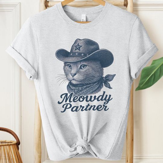Discover Meowdy Partner Cat T-Shirt: Retro Cowboy Graphic Tee