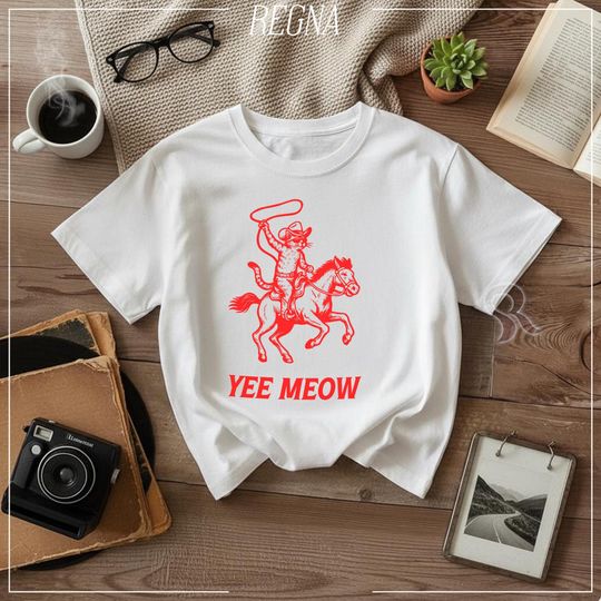 Discover Yee Meow Cowboy T-Shirt, Funny Graphic Tee, Unisex Casual Shirt, Gift for Cat Lovers, Western Theme Apparel, Summer Outfit