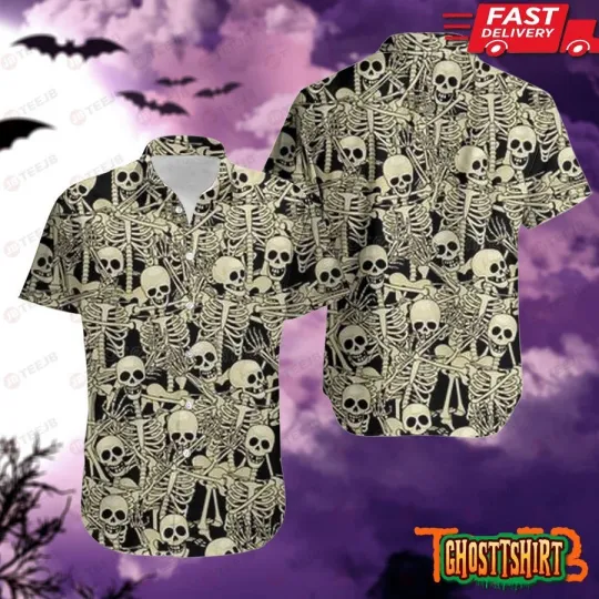 Discover Skeletons Halloween Pattern Hawaiian Shirt, Unisex Adult, Size S-5XL
