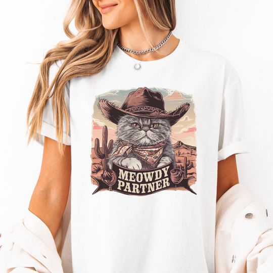 Discover Meowdy Partner T-Shirt: Funny Cowboy Cat, Vintage Western Tee