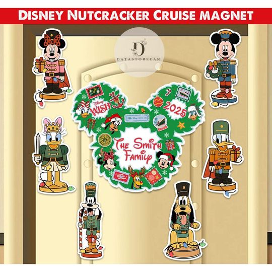 Mickey Christmas wreath magnet, Nut Cracker Disney Cruise Line Christmas magnet, Very Merrytime Cruises magnet, Wish Dream Magic Wonder