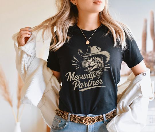 Discover Meowdy Partner Cat Cowboy T-Shirt - Funny Cute Western Kitty Design for Cat Lovers, Cowgirls, Pet Owners - Adorable Cat Shirt