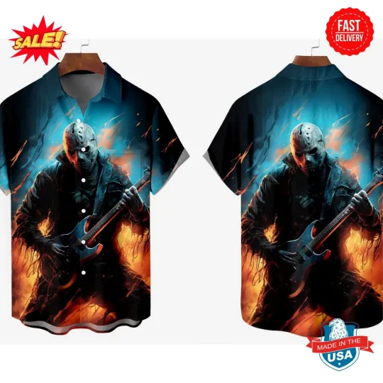 Metal Rock Star Pattern Chest Pocket Hawaiian Shirt