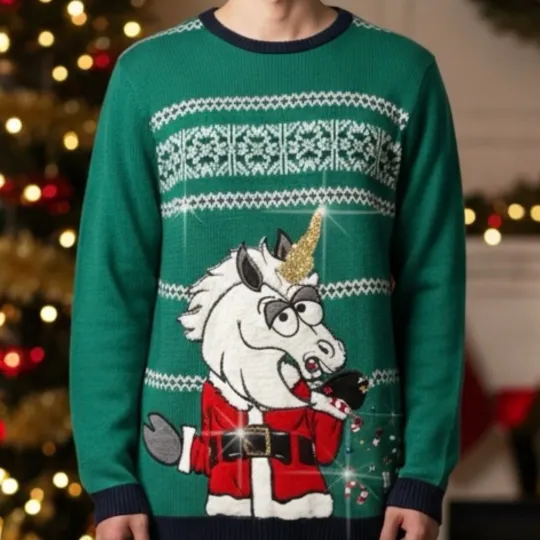 Jolly Sweaters Ugly Christmas Party Sweater Glitzy Unicorn Jeweled Sz S