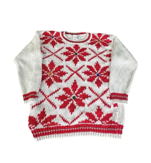 Discover Vintage Color Cues Hand Knitted Snowflake Sweater Ugly Christmas Sweater Size M